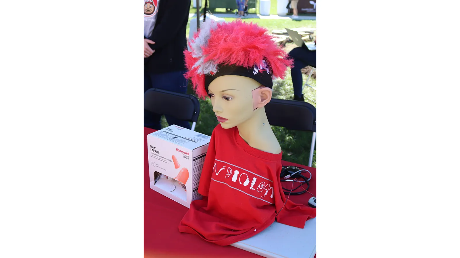 Jolene - the audiology simulation mannequin adorned in scarlet and gray