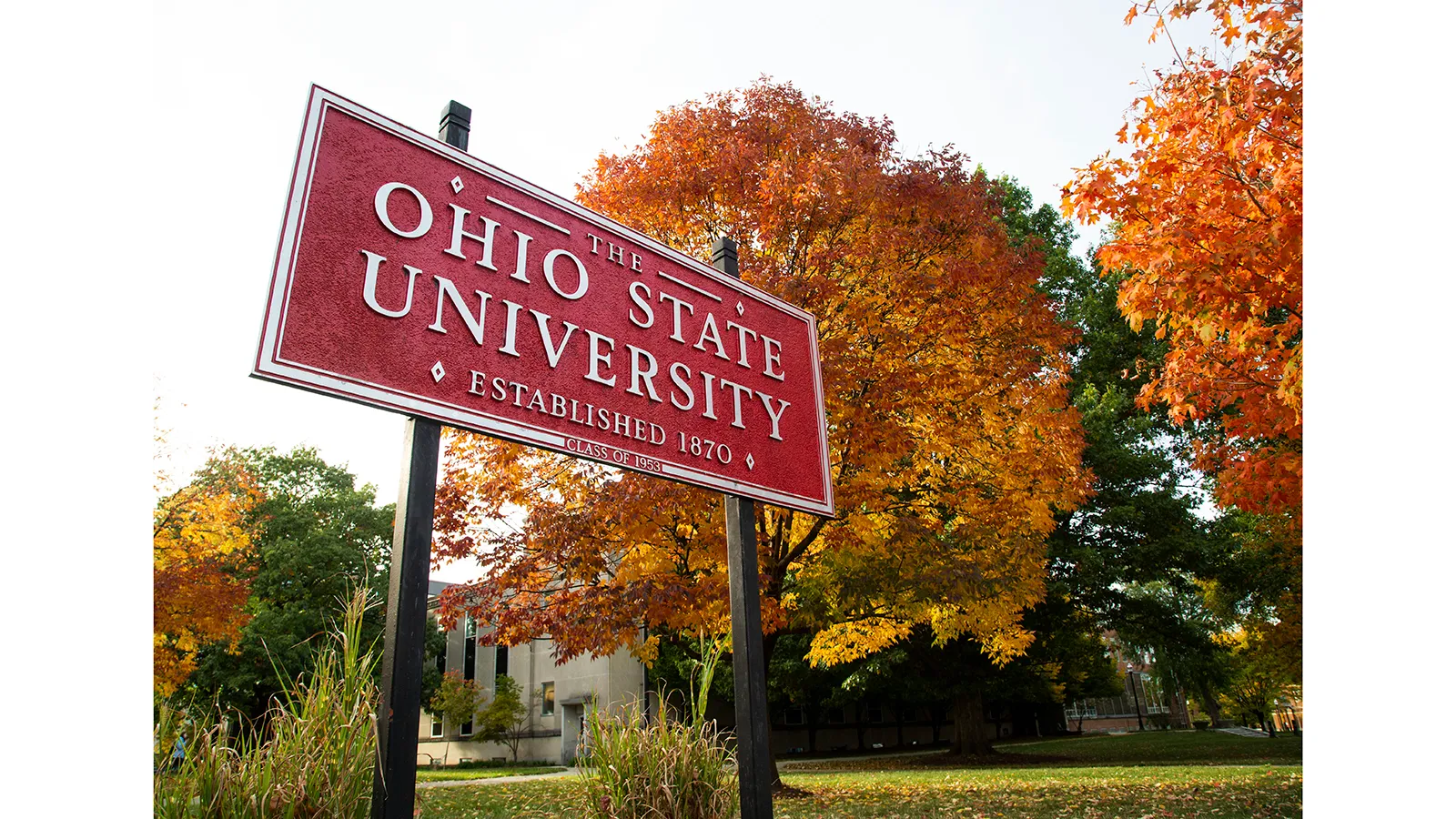 Ohio State University sign and autumn foilage