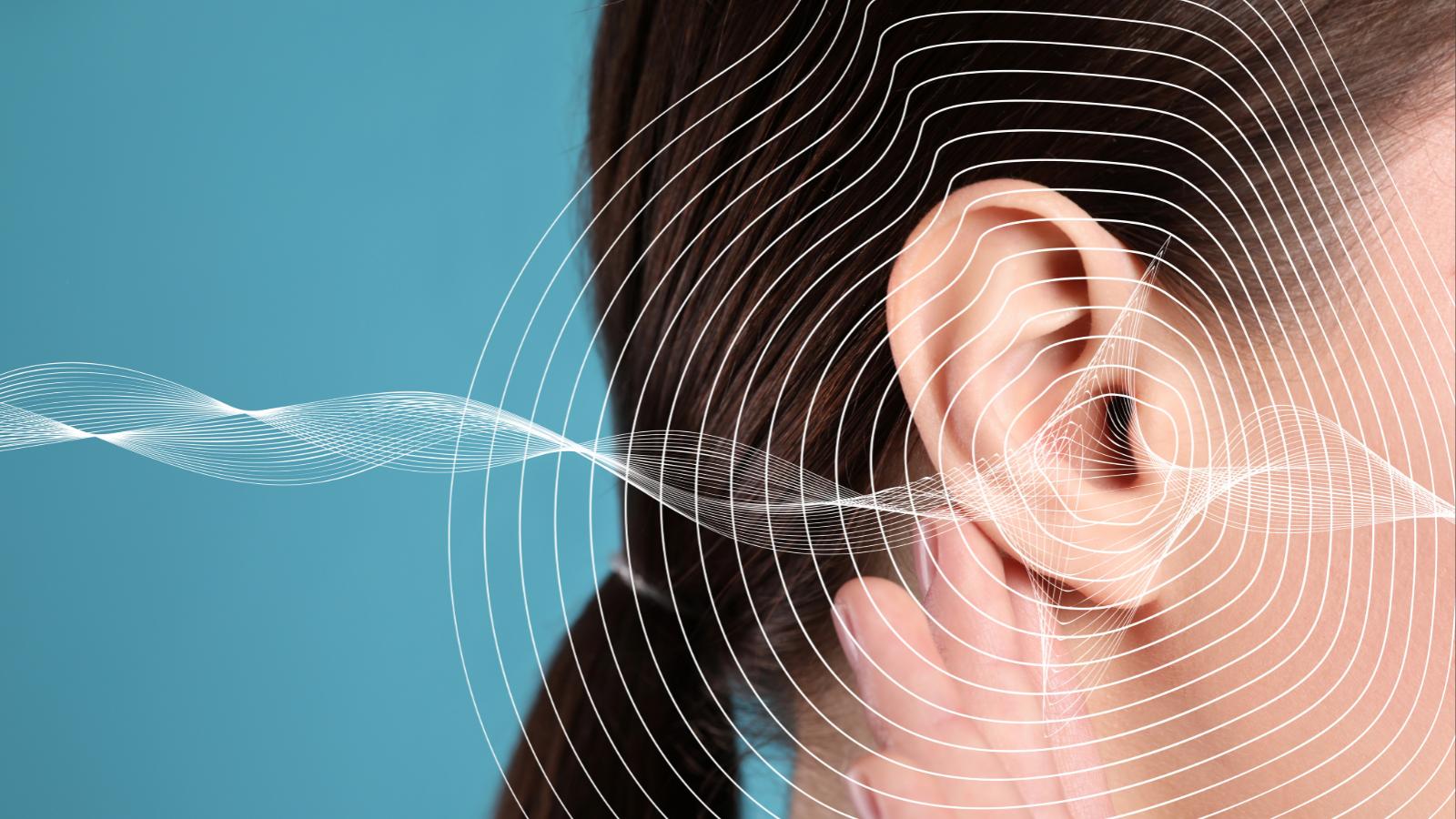 Woman with illustrated sound waves emitting from her ear.