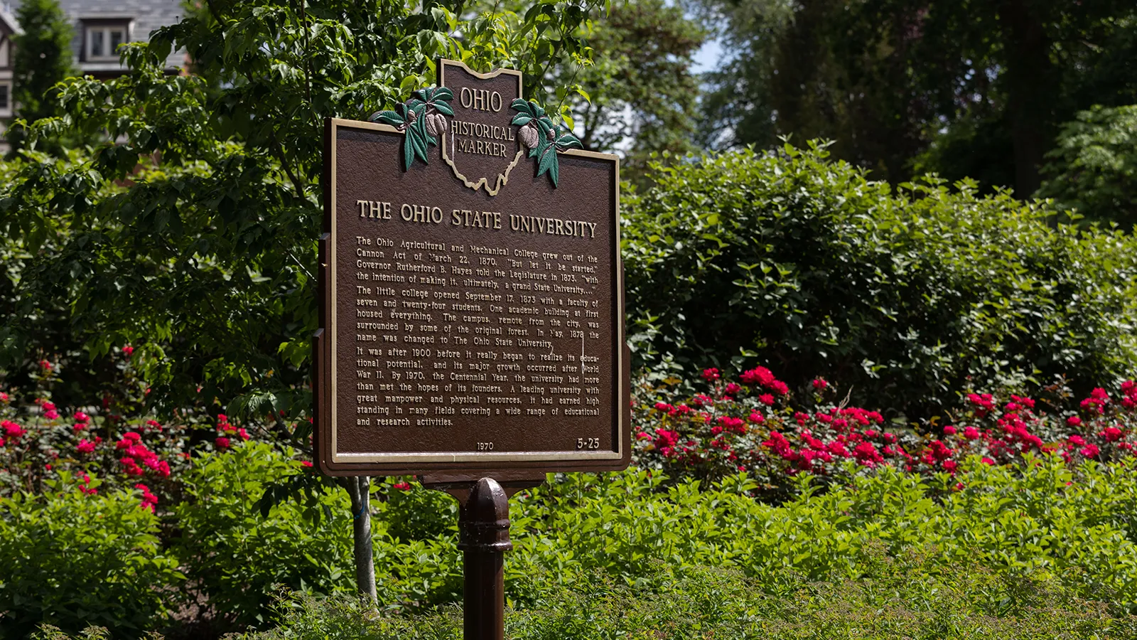 Historical Ohio State Sign with spring flowers