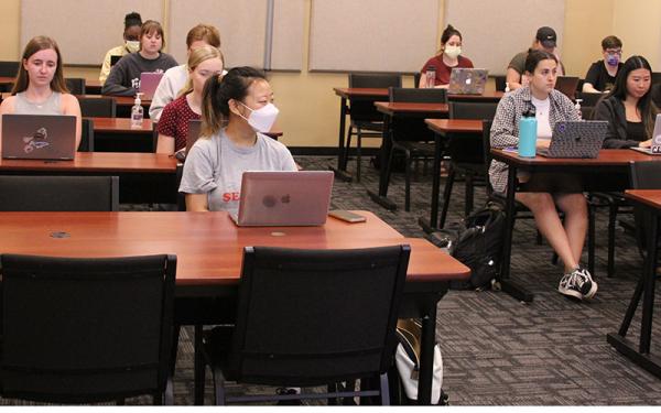 Students sitting in classroom in front of their laptops