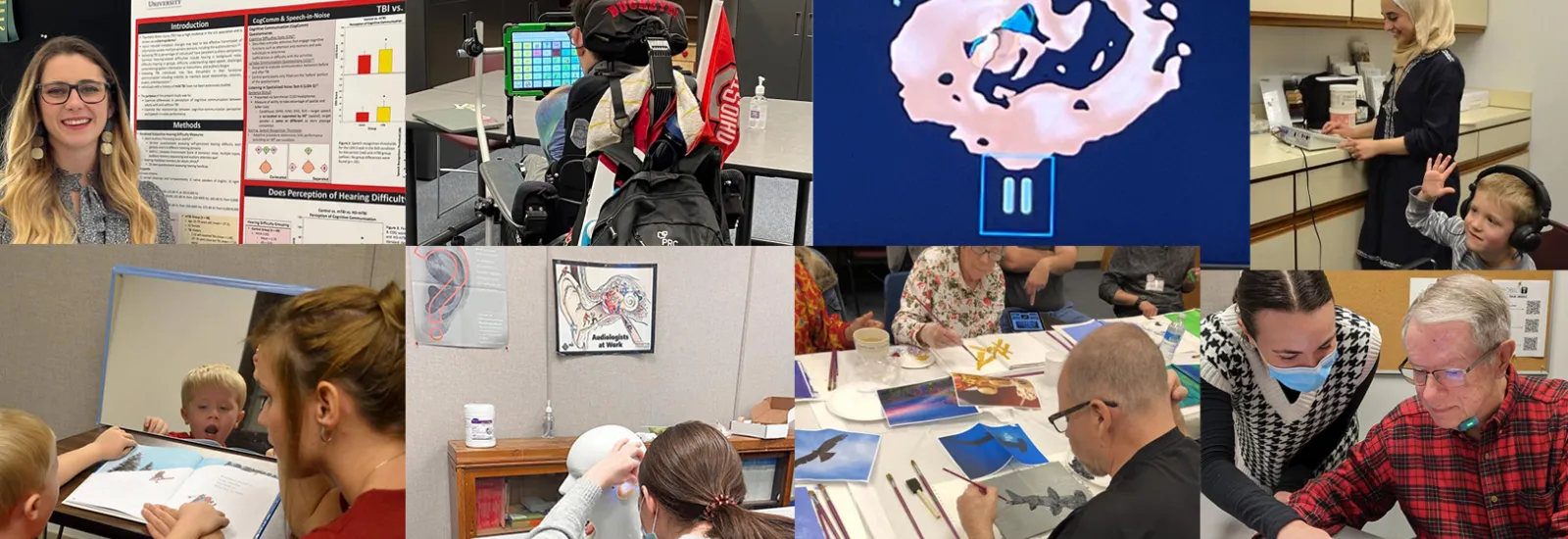 photo collage of students, patients, engaged in speech and hearing services, research, and technology