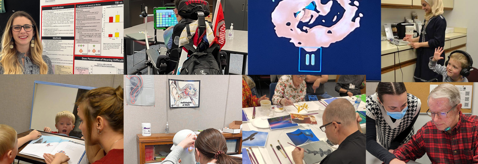 image collage of students, patients, speech and hearing technology